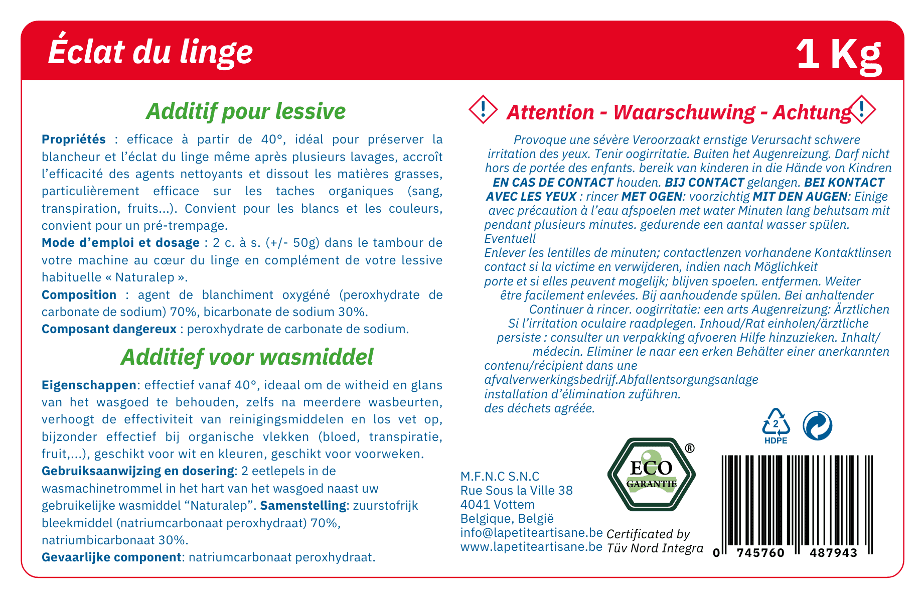 Additif pour lessive liquide naturelle et écoresponsable à base de savon d'Alep. Composition et notice d'utilisation Naturalep.
