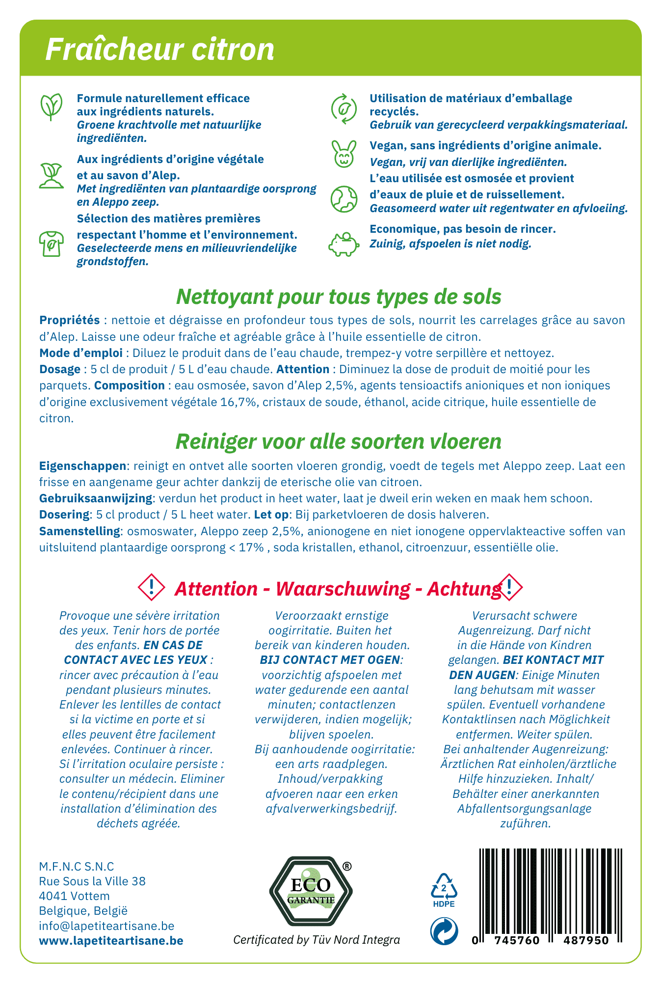 Produits nettoyant sols fraicheur citron à base de savon d'Alep. Composition et notice d'utilisation Naturalep.